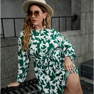 Plus floral print lantern sleeve belted dress